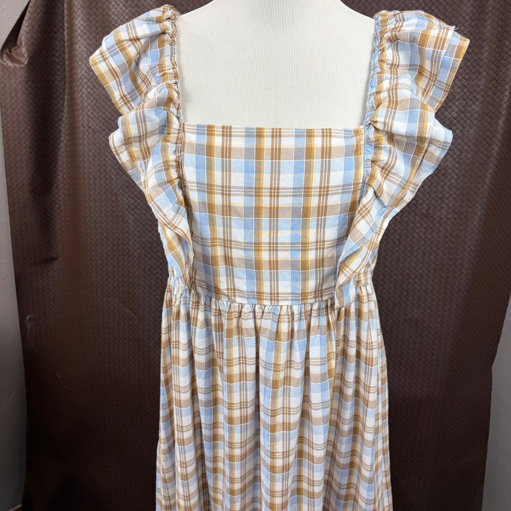 Madewell Plaid Ruffle Strap Smocked Midi Dress Blue Brown NF904 Size 10 - Picture 14 of 14